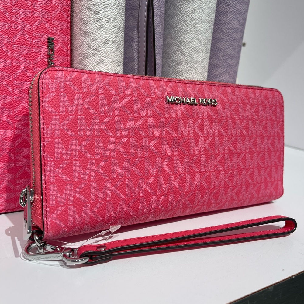 MICHAEL KORS Jet Set Large Signature Logo Continental Wallet Wristlet Hibiscus - Picture 3 of 16
